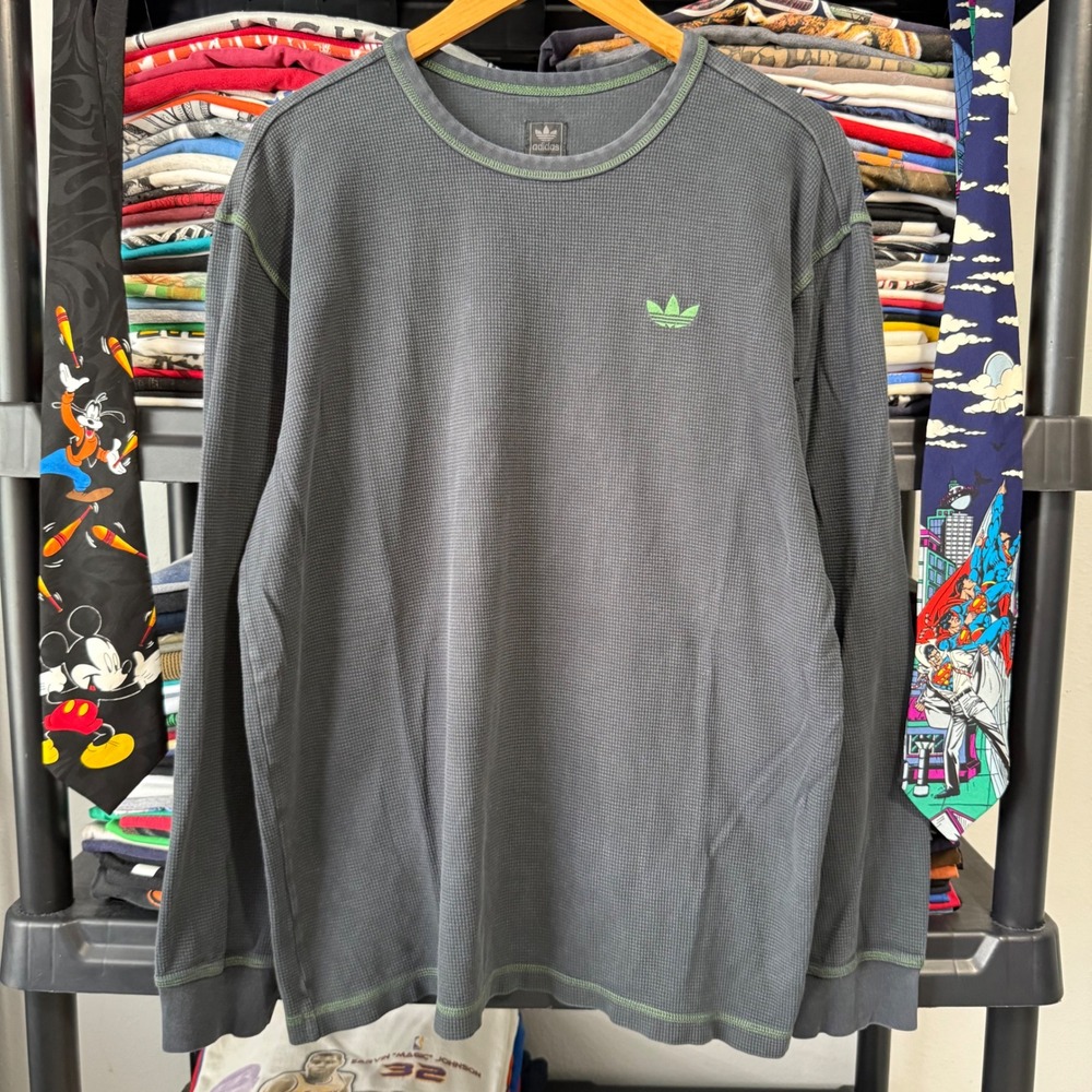 Y2K Grey Adidas Trefoil Waffle Knit Thermal Long Sleeve Shirt Large